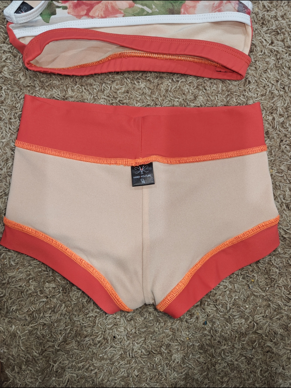Girls' Red/Deep Coral Dance Crop Top & Shorts Set With Floral Mesh Accents - Picture 6 of 6